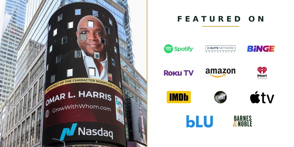 Omar L. Harris featured on the Nasdaq billboard in Times Square, alongside logos for Spotify, C-Suite Network Conferences, Binge, Roku TV, Amazon, iHeartRadio, IMDb, KNEKT, Apple TV, BLU, and Barnes & Noble